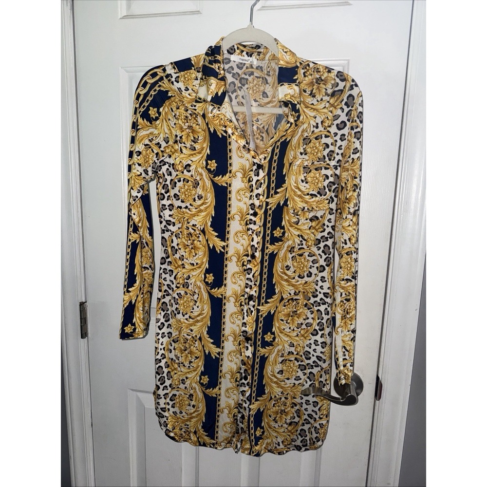 Timing Los Angeles Women's Large Baroque Leopard Print Shirt Dress Gold Black - Picture 2 of 13